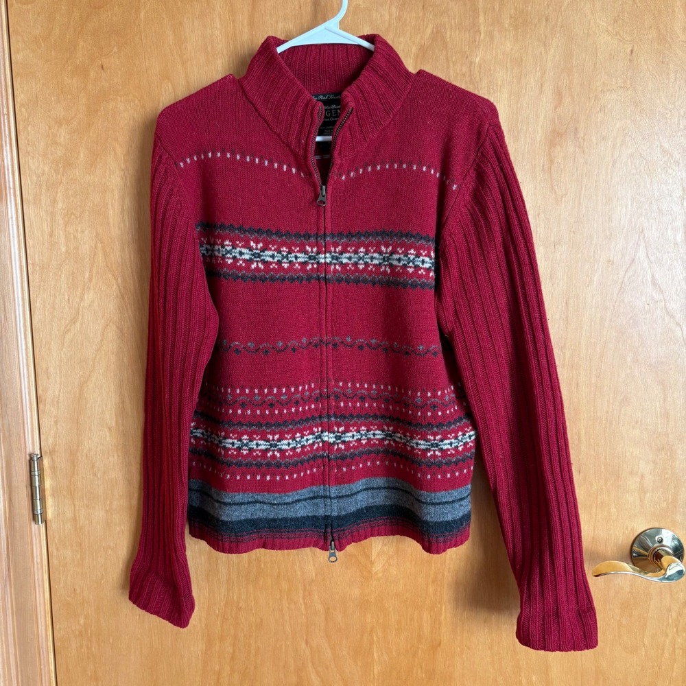 Eddie Bauer Legend Fair Isle Knit Full Zip‎ Sweater Womens M Red Lambswool